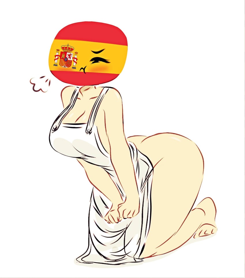 apron blushing blushing_profusely countryhumans countryhumans_girl flawsy kneeling spain spain_(countryhumans) spanish_flag