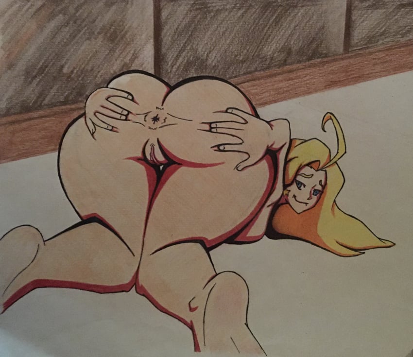 1girls ahoge ass ass_up blonde_hair blush charlotte_vanders female_superhero head_down_ass_up kamen_america kamen_america_(character) kamen_america_(series) long_hair pussy s3_studios solo spread_ass superhero superheroine traditional_art traditional_media traditional_media_(artwork)