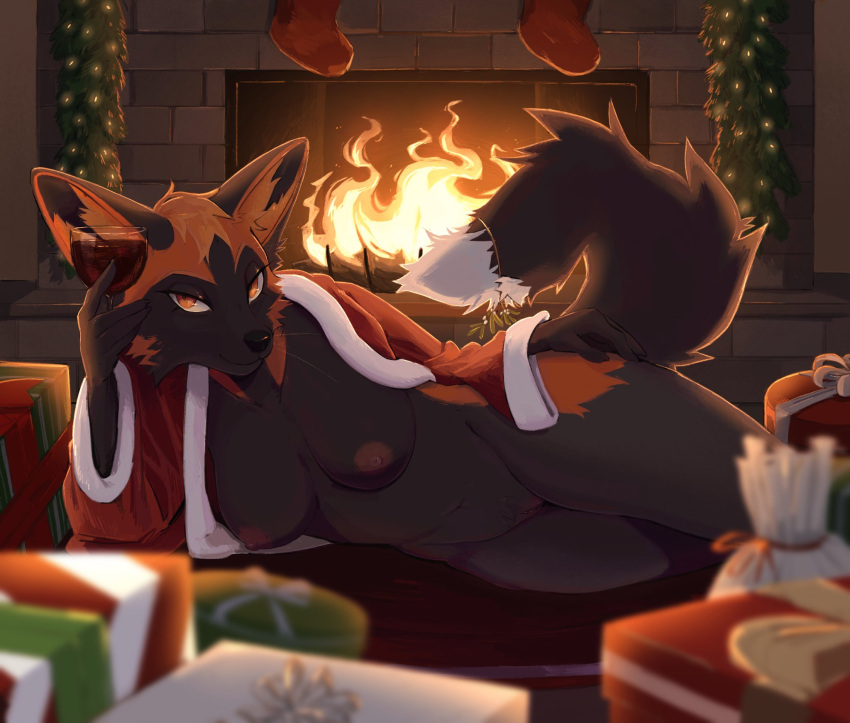 2020 amber_eyes anthro bedroom_eyes black_body black_fur bottomless breasts canid canine christmas clothed clothing cross_fox crotch_tuft female fireplace fox front_view fur furry genitals hand_on_leg hand_on_thigh hi_res holidays looking_at_viewer lying mammal mo_(servalex) narrowed_eyes nipples on_side pussy red_fox seductive servalex solo tuft