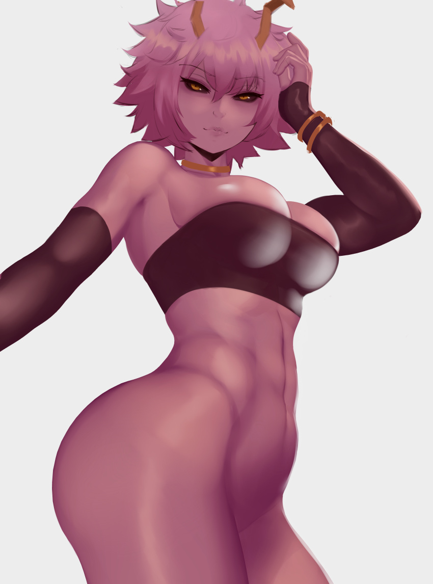 1girls arm_sleeves bandeau big_breasts black_sclera bottomless breasts detached_sleeves female female_only horns mina_ashido my_hero_academia no_bra partially_clothed pink_hair pink_skin seductive seductive_eyes strapless tubetop wide_hips yellow_eyes zaki_btw