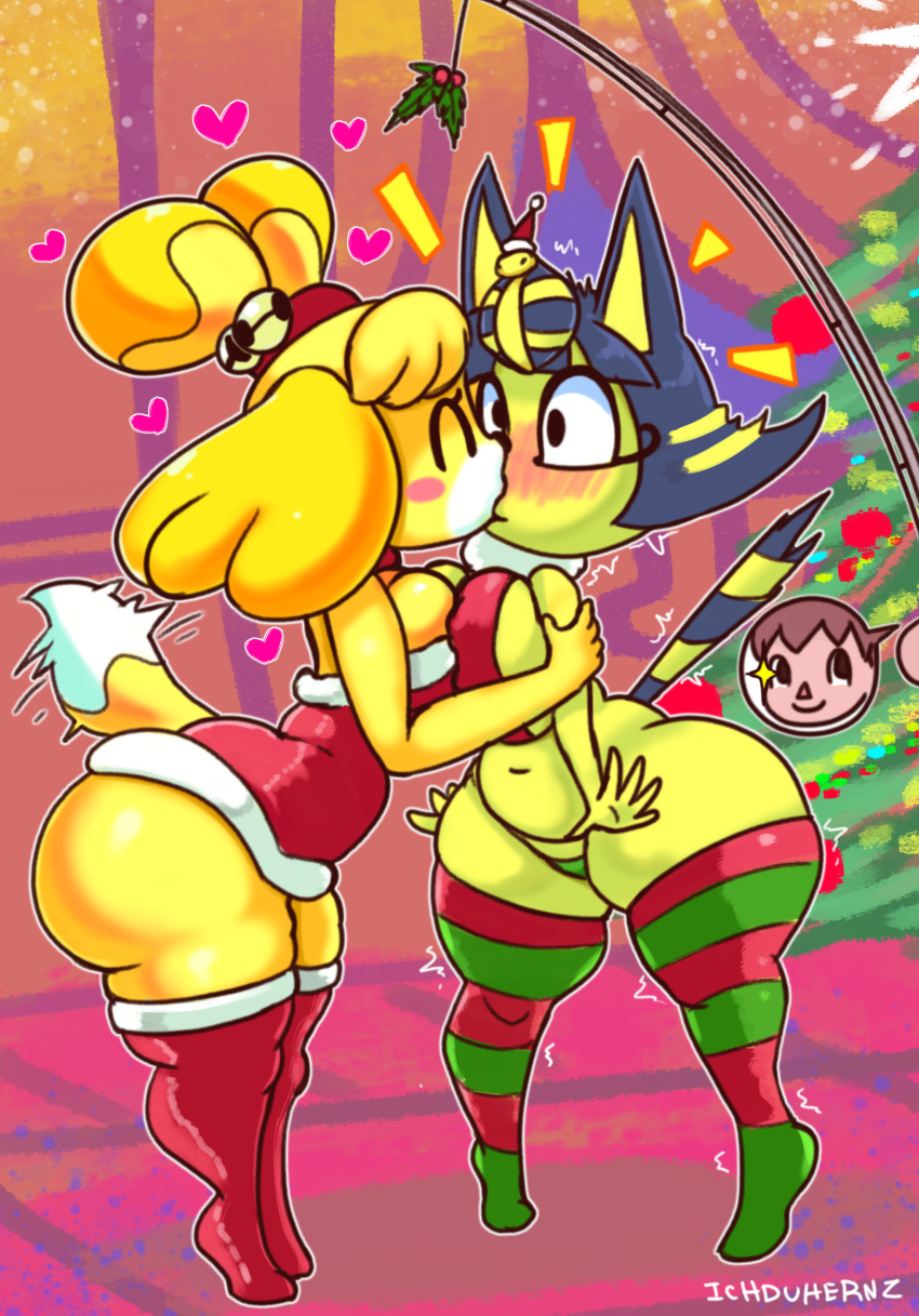 2girls absurd_res animal_crossing ankha anthro ass bell big_breasts big_butt bikini blue_body blue_fur blue_hair blush breast_squish breasts canid canine canis christmas christmas_clothing christmas_headwear christmas_tree closed_eyes clothed clothing dipstick_tail domestic_dog dress felid feline female female/female fishing_rod fur hair hat headgear headwear heart hi_res holidays holly_(plant) ichduhernz inside isabelle_(animal_crossing) kissing legwear mammal multicolored_tail navel nintendo pattern_clothing pattern_legwear pattern_stockings plant reptile santa_hat scalie shortstack skimpy snake squish star stockings striped_clothing striped_legwear striped_stockings stripes surprised_expression swimwear tailwag thick_thighs tiptoes tree video_games villager_(animal_crossing) wide_eyed wide_hips yellow_body yellow_fur yuri