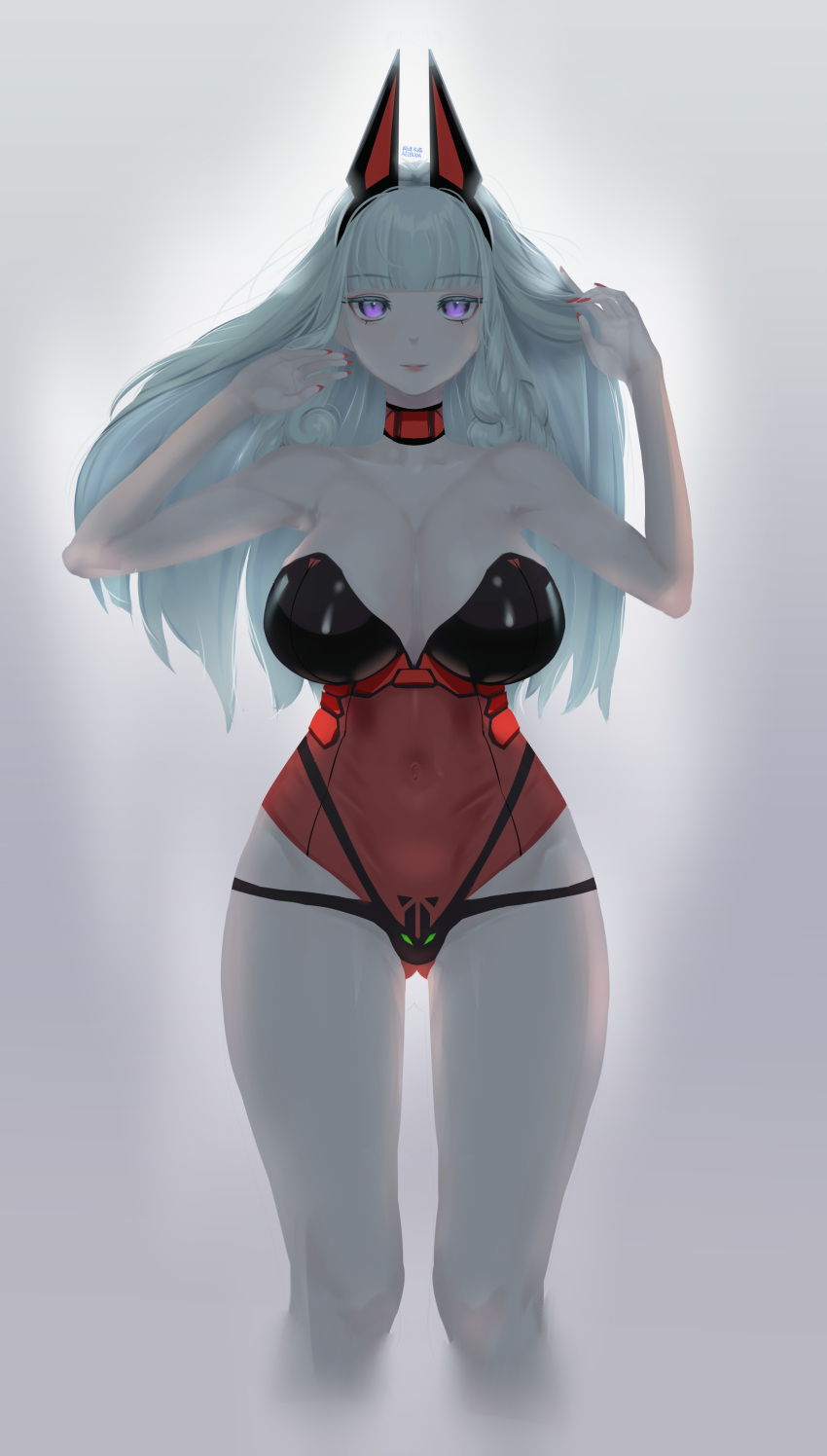 1girls artist_signature azibuda bat_ears bunny_girl bunnysuit carmilla_(fate) carmilla_(swimsuit_rider) choker covered_breasts covered_pussy fate/grand_order fate_(series) female gray_background grey_background hands_on_hair large_breasts long_hair looking_at_viewer pov purple_eyes red_choker red_nail_polish red_nails seductive standing thick_thighs white_hair