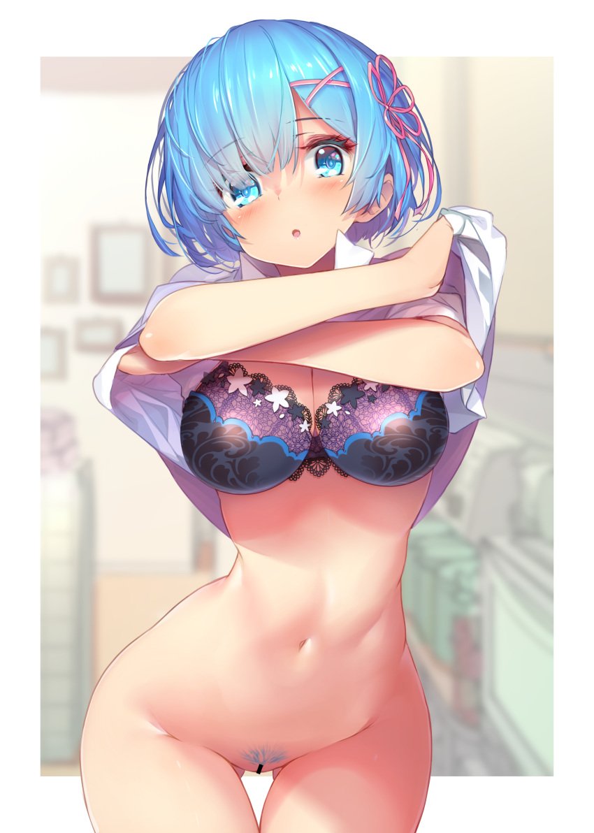 blush female female_only hong_(white_spider) horny lacy_bra lingerie pubic_hair re:zero_kara_hajimeru_isekai_seikatsu rem_(re:zero) tagme