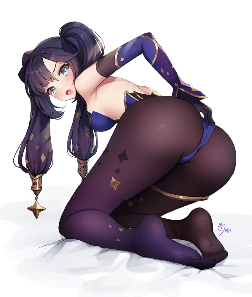 :o ankkoyom armpits ass bare_shoulders bent_over black_gloves black_hair blue_eyes breasts brown_legwear detached_sleeves feet female from_behind fully_clothed genshin_impact gloves gold_trim gradient hair_ornament highres kneeling leotard long_hair long_sleeves looking_at_viewer looking_back medium_breasts mona_(genshin_impact) no_shoes open_mouth pantyhose purple_leotard simple_background solo strapless strapless_leotard thighlet v-shaped_eyebrows white_background