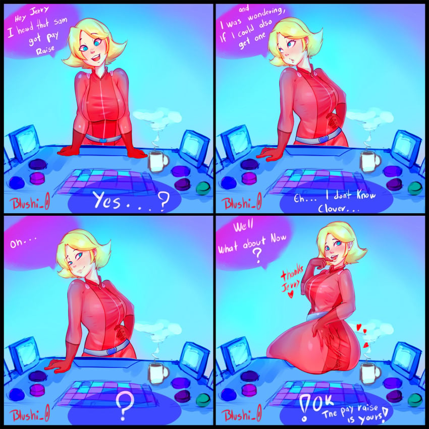 age_difference anus anus_peek belt belt_buckle big_ass big_breasts big_butt blonde_hair blue_eyes blushi_0 bodysuit breasts bubble_butt busty butt clover_(totally_spies) comic desk female female_focus flirting flirting_look gloves hand_on_hip heart heart-shaped_buckle heart_buckle hourglass_figure jerry_lewis_(totally_spies) looking_at_viewer looking_back male male_pov pinup pinup_pose pose posing pov pussy pussy_peek rear_view seducing seductive seductive_eyes seductive_look seductive_smile see-through short_hair sideboob skin_tight speech_bubble teasing text totally_spies wide_hips