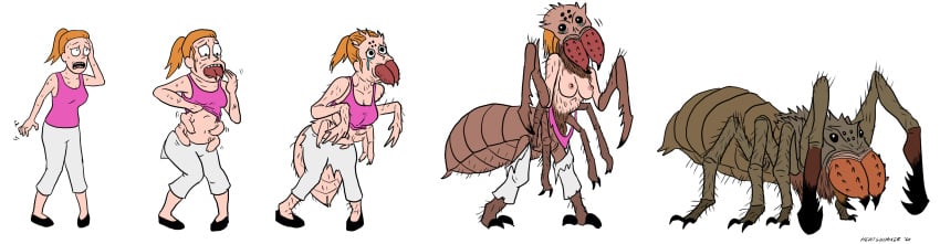 arachnid areola arthropod arthropod_abdomen arthropod_abdomen_genitalia arthropod_abdomen_pussy bethesda_softworks bodily_fluids body_horror bottomwear breasts brown_body brown_exoskeleton clothing exoskeleton female female_only feral frostbite_spider genitals growth hi_res human_to_feral limb_growth mandibles multi_eye nightmare_fuel nipples non-mammal_breasts pants pincers pussy rick_and_morty scared shirt signature simple_background skyrim solo species_transformation spider summer_smith tank_top tears the_elder_scrolls topwear torn_clothing transformation white_background