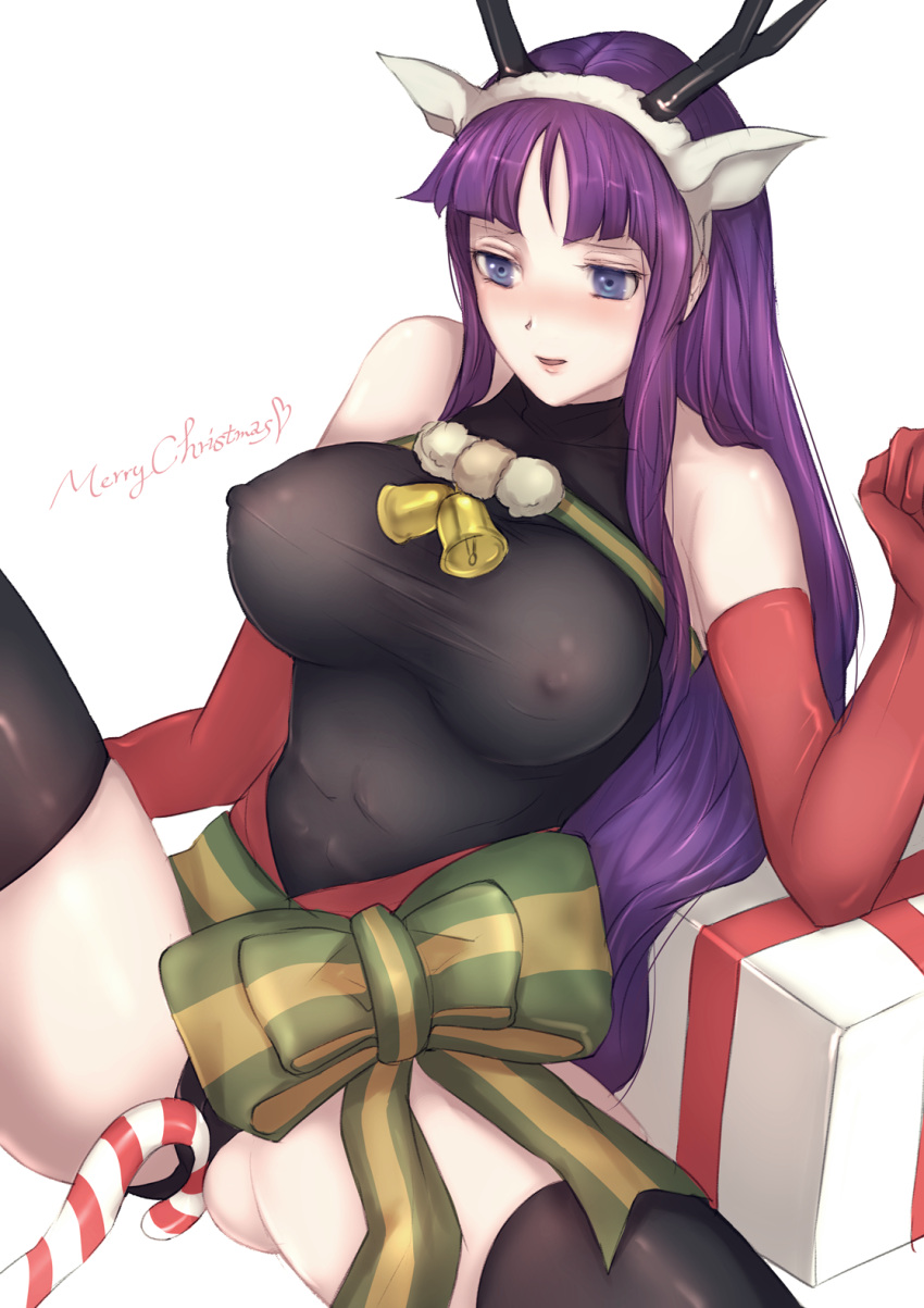 1girls abs alternate_costume altina_(fire_emblem) altina_(winter)_(fire_emblem) antlers blue_eyes blush bodystocking bow breasts candy candy_cane christmas clothed_masturbation clothing elbow_gloves fire_emblem fire_emblem:_radiant_dawn fire_emblem_heroes food gift gloves highres jtaka large_breasts long_hair masturbation masturbation_through_clothing merry_christmas nipples open_mouth purple_hair rubbing_pussy see-through solo solo_female spread_legs stockings thighhighs white_background