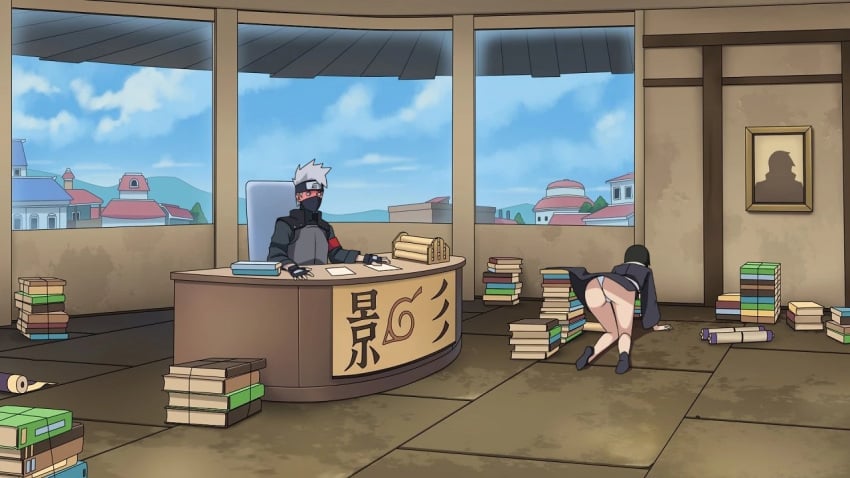 1boy 1boy1girl 1girls accidental_exposure all_fours ass big_ass black_hair blush clothing dat_ass dinaki empty_eyes female hatake_kakashi heavy_blush kimono kimono_lift kneeling looking_at_butt looking_at_partner male mask naruto naruto:_the_last naruto_(series) naruto_shippuden office panties red_face shizune silver_hair sitting underwear white_eyes