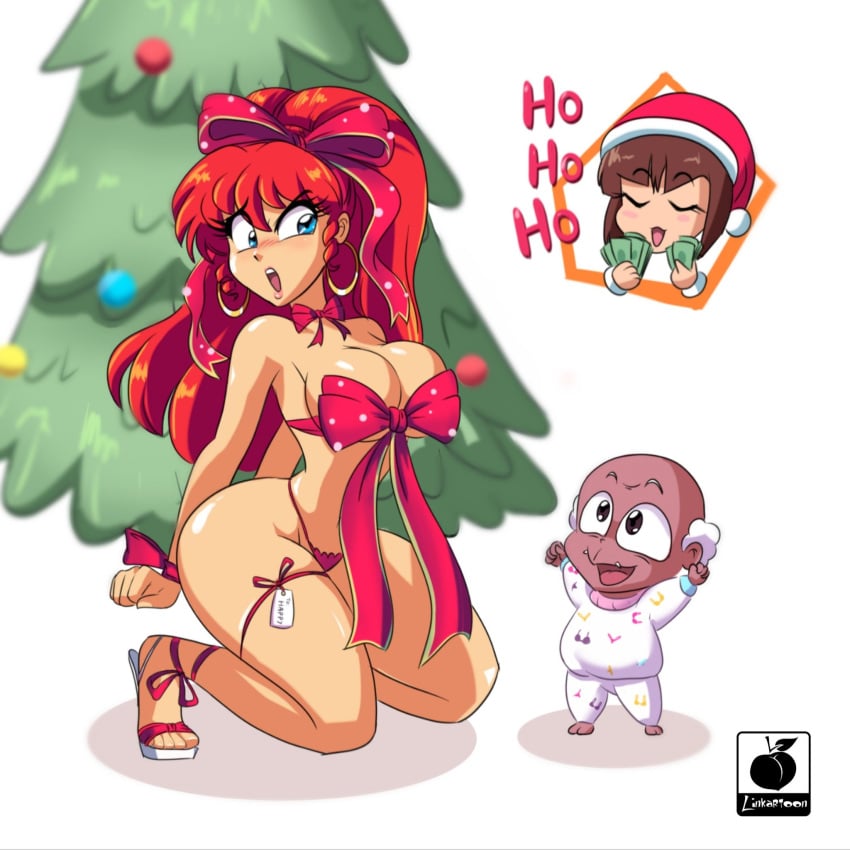 1girls big_breasts bikini bikini_bottom blue_eyes bob_cut bow breasts busty canon_genderswap christmas christmas_present christmas_tree clothing female female_only happosai hoop_earrings large_breasts linkartoon nabiki_tendo pervert ponytail ranma-chan ranma_1/2 ranma_saotome red_hair rule_63 skimpy solo solo_focus swimsuit top_heavy upper_body voluptuous watermark