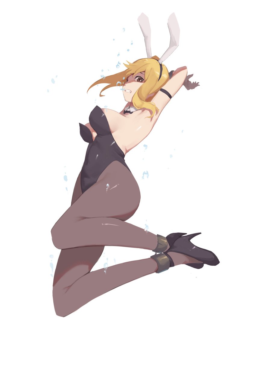 1girls ankle_cuffs armpits arms_above_head arms_tied ass black_heels blonde_hair breasts brown_eyes bunny_ears bunny_girl bunnysuit cleavage clothed_sex clothing collar fairy_tail female female_only footwear fully_clothed handcuffs heels high_heels legs legs_tied legwear lucy_heartfilia no_bra pale-skinned_female pale_skin pantyhose perky_breasts revealing_clothes rou271 rou_(rou22) sideboob sleeveless solo solo_female solo_focus stiletto_heels thighs underwater white_background wide_hips