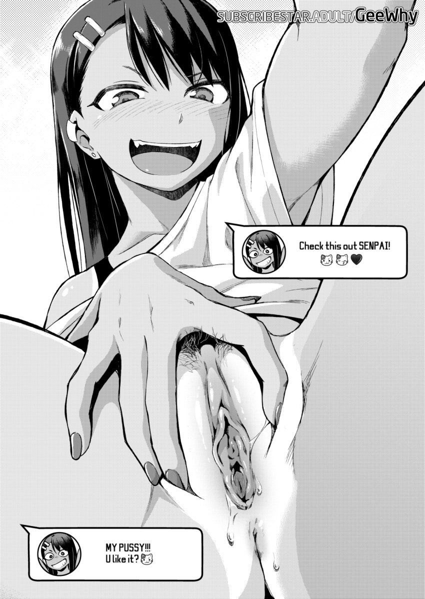 1girls anus_peek armpits blush chat_log clitoral_hood ear_clip english_text fangs female fingernails ghettoyouth greyscale hair_ornament hairclip hayase_nagatoro highres long_hair long_labia monochrome off-shoulder_shirt off_shoulder one-piece_tan open_mouth outstretched_arm please_don't_bully_me,_nagatoro pov_crotch presenting pubic_hair pussy pussy_juice self_shot shirt showing_off smug solo spread_legs spread_pussy t-shirt tan tanline text text_messaging uncensored watermark web_address