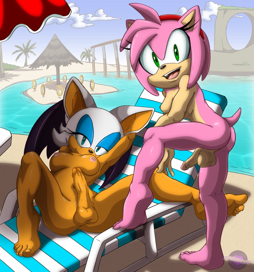 amy_rose balls barefoot bat beach belly belly_button breasts dickgirl feet furry furry_only futa_only futanari green_eyes hedgehog hedgehoglove navel nipples nude nude_futanari outdoors outside penis public rouge_the_bat smile smiling sonic_(series) tail teal_eyes