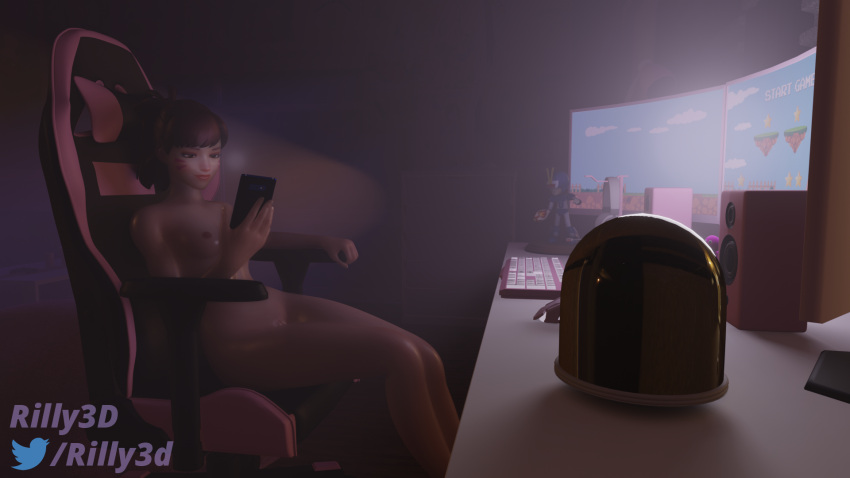 3d asian blizzard_entertainment brown_hair d.va looking_at_phone naked overwatch rilly3d sitting_on_chair smile text_box video_games