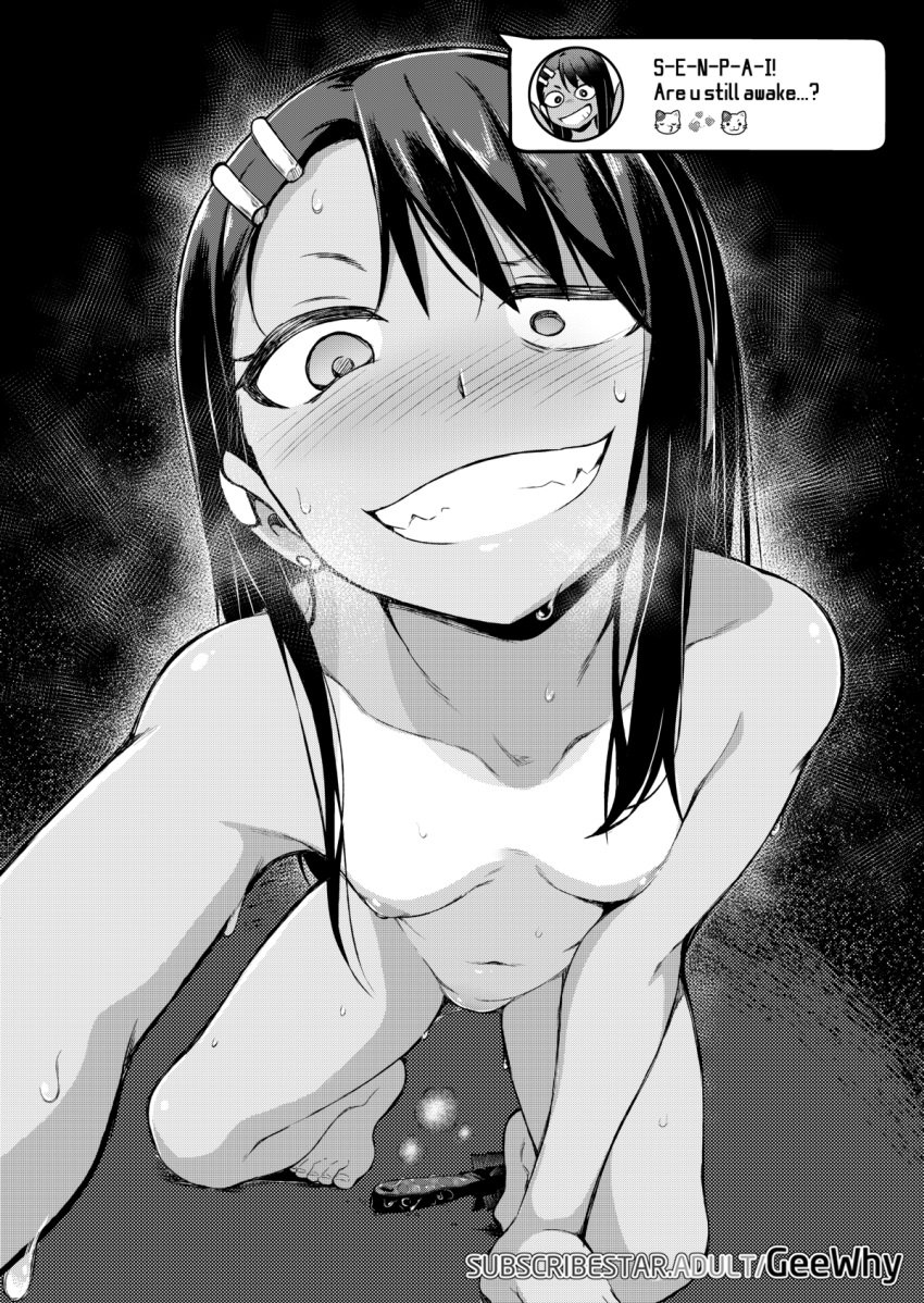 1girls after_masturbation after_vaginal all_fours blush breasts chat_log close-up completely_nude ear_clip earrings english_text evil_grin evil_smile female ghettoyouth greyscale grin hair_brush hair_ornament hairclip hayase_nagatoro highres jewelry long_hair monochrome navel nipples nose_blush nude oerba_yun_fang one-piece_tan outstretched_arm please_don't_bully_me,_nagatoro pussy_juice self_shot small_breasts smile solo stud_earrings sweat tan tanline text_messaging toenails toes watermark web_address yandere