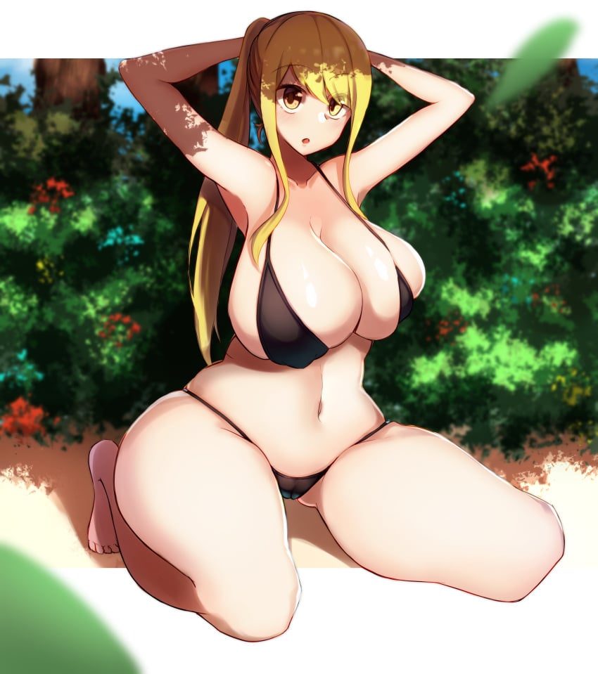 1girls armpits arms_behind_head arms_up barefoot beach big_breasts bikini bikini_bottom bikini_top black_bikini black_panties black_swimsuit black_thong blonde_hair blush brown_eyes busty cleavage curvaceous curvy curvy_figure enon1129 fairy_tail female female_only g-string hourglass_figure kneeling large_breasts legs looking_at_viewer lucy_heartfilia micro_bikini narrow_shoulders on_knees open_mouth outdoors outside pale-skinned_female pale_skin panties ponytail pose posing solo swimsuit thick_thighs thighs thin_arms thong tied_hair voluptuous wide_hips