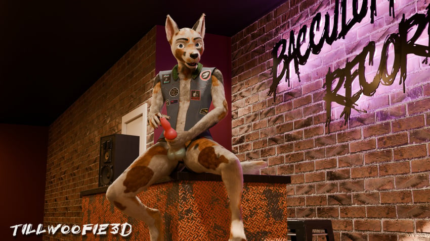 3d_(artwork) andromorph animal_dildo animal_sex_toy anthro battle_jacket bisexual_pride_colors brick_wall canid canine canine_dildo clothed clothing cuntboy digital_media_(artwork) dildo finntroll_(band) flat_chested fur furniture hi_res holding_dildo holding_object holding_sex_toy intersex intersex/male lgbt_pride looking_at_viewer male mammal partially_clothed pride_colors punk sex_toy sitting sitting_on_desk slim smile smirk solo speaker spread_legs spreading stool text tillwoofie topwear vest wall_(structure)