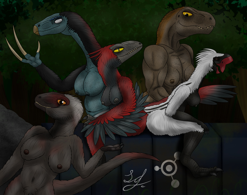 absurd_res anthro ass ass_to_ass big_breasts big_butt black_body black_feathers blind_eye breasts brown_body chubby_female claws closed_eyes container dinosaur feathers female green_body group hi_res humanoid lindwormduality long_claws moros_intrepidus navel orange_eyes outside oviraptor oviraptorid plant pyroraptor red_body red_feathers reptile rock scalie sharp_claws sharp_teeth teeth therizinosaurid therizinosaurus theropod tree tyrannosaurid tyrannosaurus tyrannosaurus_rex white_body yellow_eyes