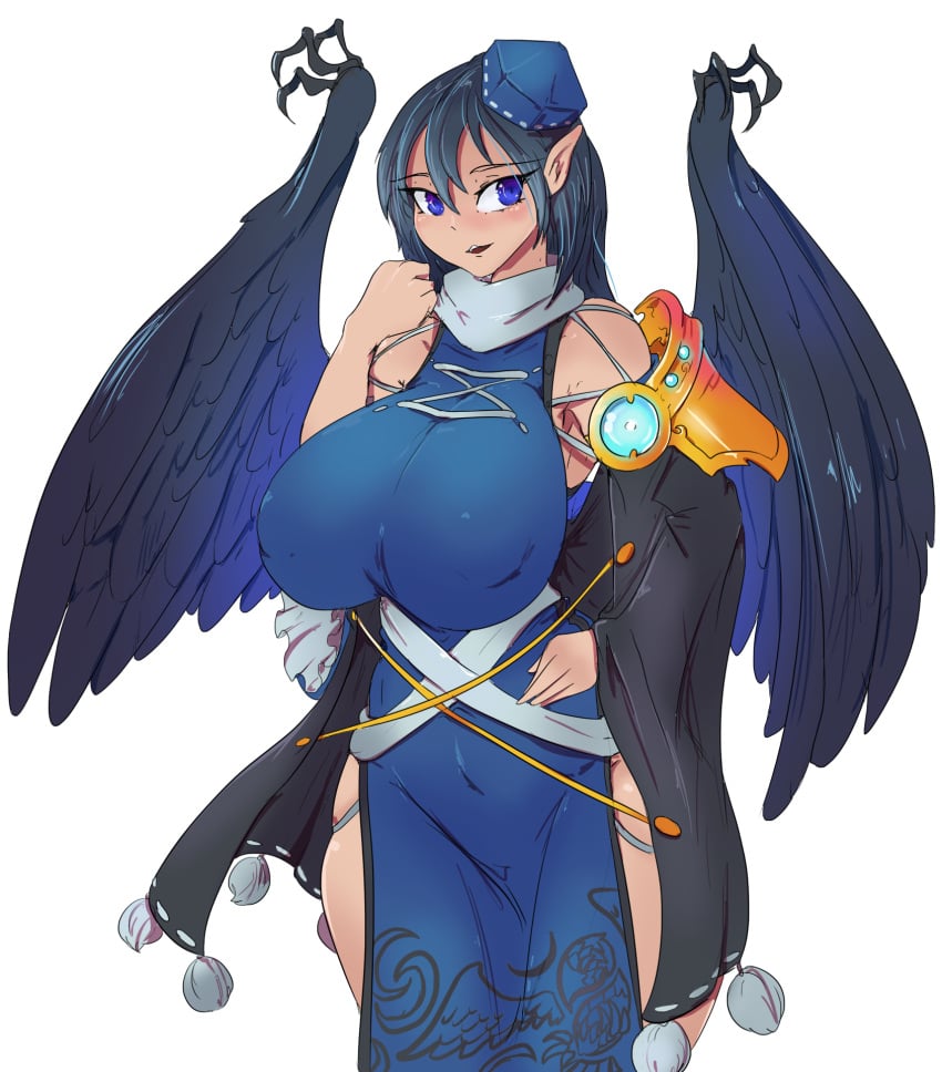 1girls alternate_version_at_source big_breasts blue_dress blue_eyes blue_hair breasts clothed_female greenm hat iizunamaru_megumu light-skinned_female nipple_bulge open_mouth pointy_ears solo solo_female tengu thick_thighs thighs touhou transparent_background wings