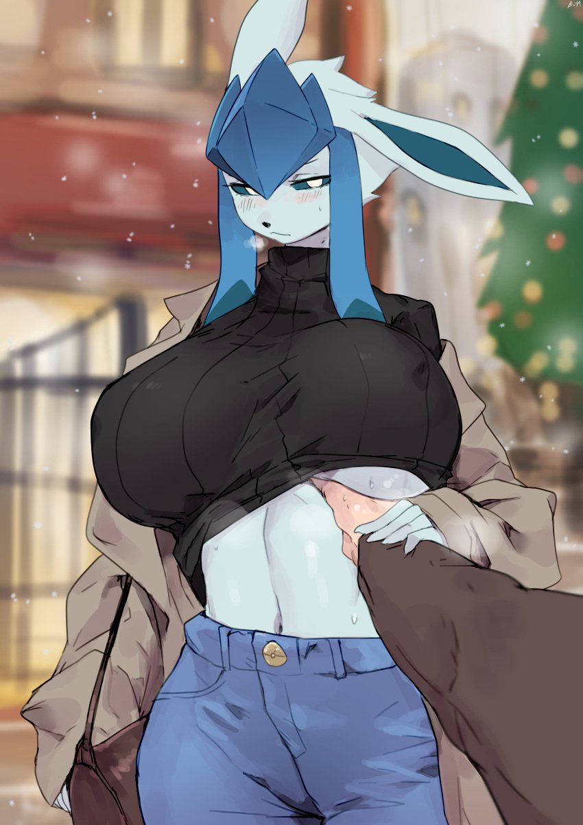 1boy 1girls absurd_res anthro belly belly_button big_breasts biped blue_body blush blushing bottomwear breast_grab breast_grab_under_clothes breasts buta99 clothed clothing curvaceous eeveelution female female_pokemon fur generation_4_pokemon glaceon guided_breast_grab hand_holding hand_under_breasts hi_res horny huge_breasts large_breasts looking_at_partner looking_pleasured male male_pov narrowed_eyes navel nintendo nipple_bulge pants pokemon pokemon_(species) pokemorph pov pov_eye_contact pupils shirt shy snow snowing tight_clothes tight_clothing topwear voluptuous