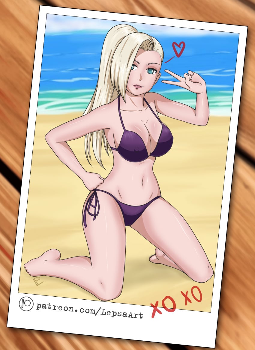 1girls bangs bare_shoulders barefoot beach big_breasts bikini breasts cleavage collarbone curvy curvy_figure eyeliner eyeshadow female female_only hair_over_one_eye ino_yamanaka kneeling lepsa lipstick long_hair makeup naruto naruto:_the_last naruto_(series) naruto_shippuden ocean peace_sign picture picture_(object) ponytail smile solo swimsuit text tied_hair url v water web_address wide_hips