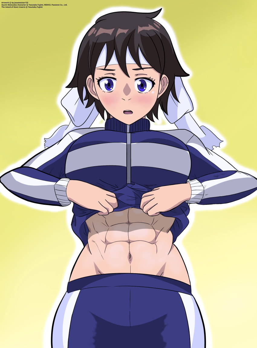 1girls abs black_hair blue_eyes female female_only flashing headband jacket krypto-san kyochuu_rettou matsuoka_ayumi muscular_female navel pants short_hair short_hair_female solo solo_female the_island_of_giant_insects tomboy track_jacket track_pants white_headband