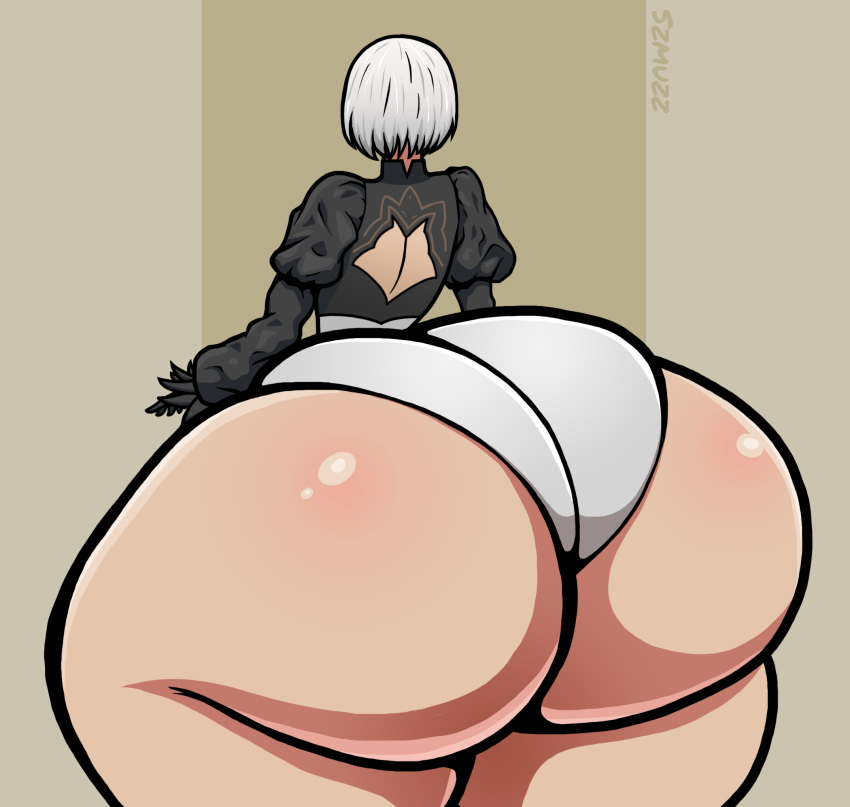 1girls ass bbw bottom_heavy bursting_butt butt clothing enormous_ass enormous_butt fat_ass female female_only huge_ass hyper_ass hyper_thighs light-skinned_female light_skin massive_ass massive_thighs meat_wall_(body_type) nier nier:_automata panties rear_view short_hair skindentation solo szmuzz thick_thighs thunder_thighs white_hair yorha_2b