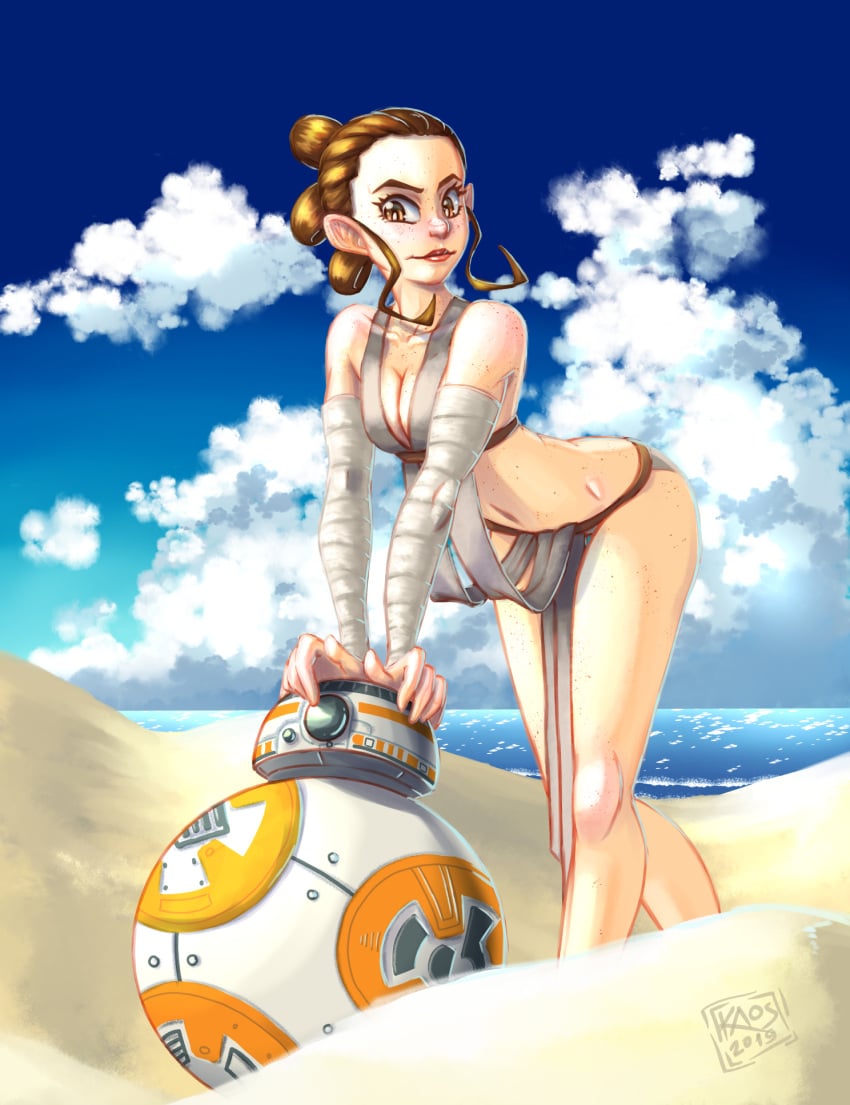 2019 bb-8 beach bikini brown_eyes brown_hair female female_focus female_only freckles kaos_art kaosnokamisama looking_at_viewer lucasfilm pinup rey robot star_wars tagme wholesome