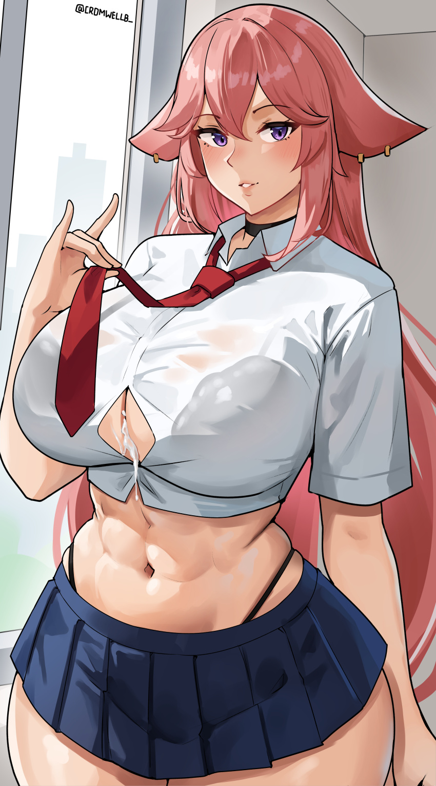 1girls abs after_paizuri breasts cleavage clothed clothing cromwellb cum cum_between_breasts female female_focus female_only fox_ears fox_girl genshin_impact hi_res hips huge_breasts kitsune long_hair pink_hair purple_eyes school_uniform schoolgirl solo solo_female solo_focus thick_thighs thighs wide_hips yae_miko