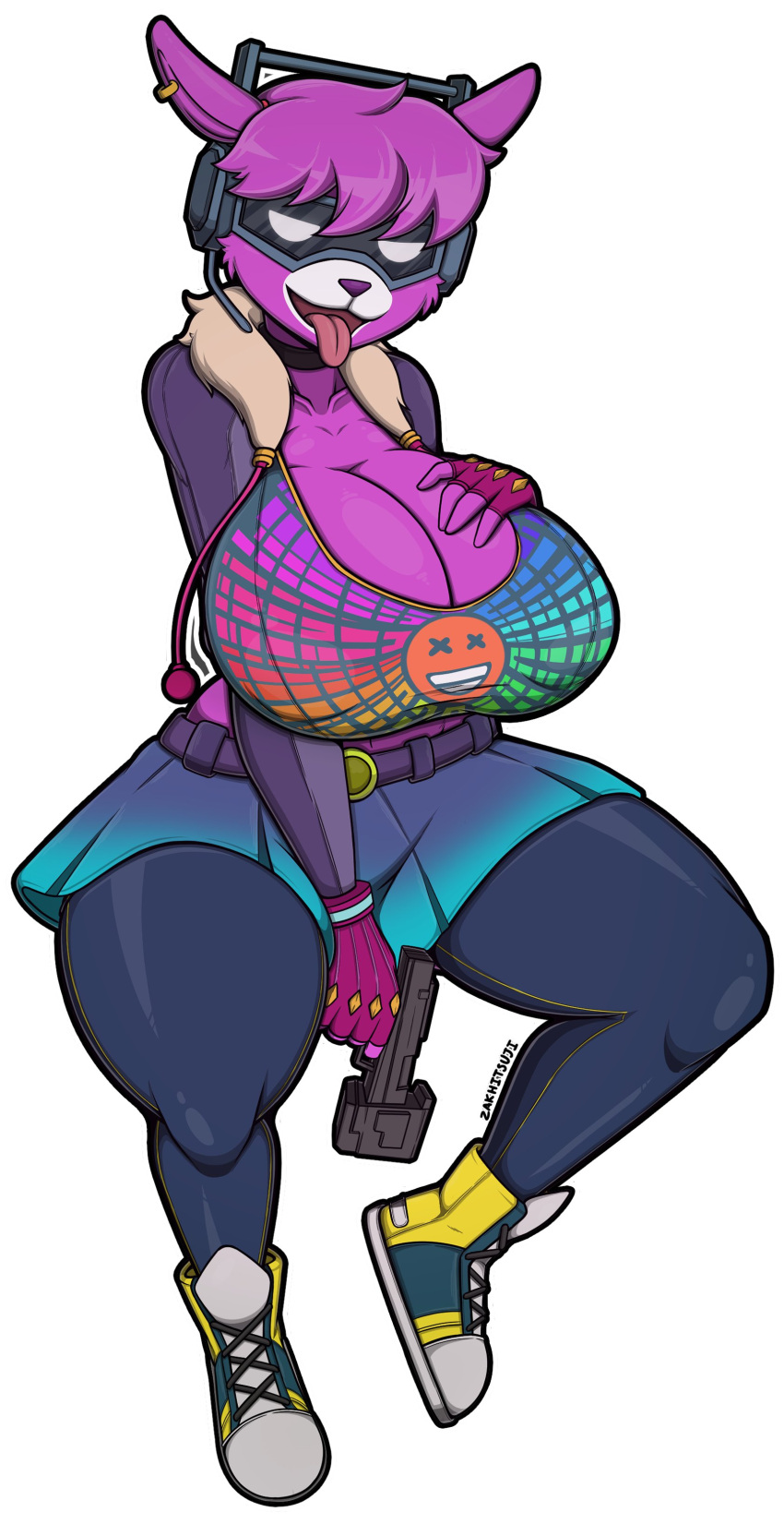 1girls 2023 2d 2d_(artwork) belt belt_buckle big_breasts big_thighs blue_skir blue_thighhighs breasts busty choker cleavage clothing dj_bop ear ear_peircing female female_focus female_only fortnite fully_clothed hi_res highres hips hourglass_figure huge_breasts large_breasts large_thighs looking_at_viewer microphone pink_fur pink_hair skirt sneakers solo solo_female solo_focus thick_thighs thighhighs thighs tongue tongue_out visor voluptuous white_background white_eyes wide_hips zak_hitsuji