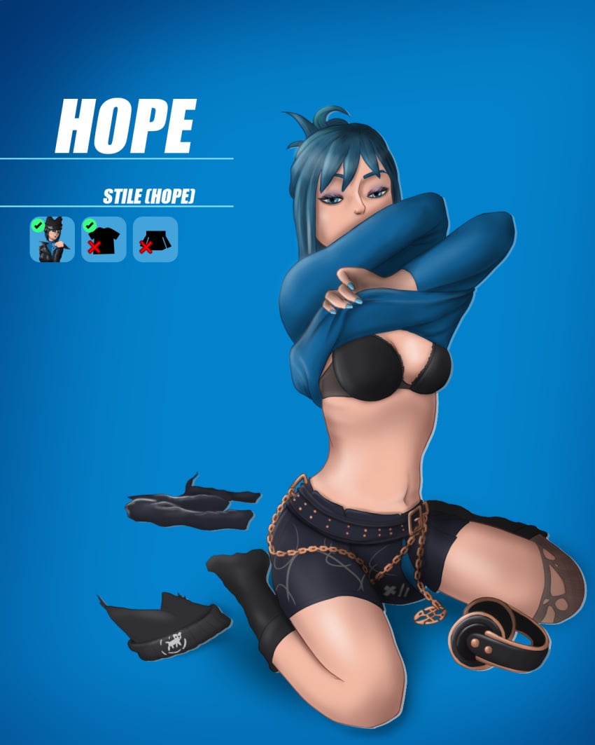 blue_eyes blue_hair bra c.k. female_focus fortnite fortnite:_battle_royale gameplay_mechanics hope_(fortnite) hud light-skinned_female light_skin looking_at_viewer part_2 pose skirt strip_game undressing undressing_self