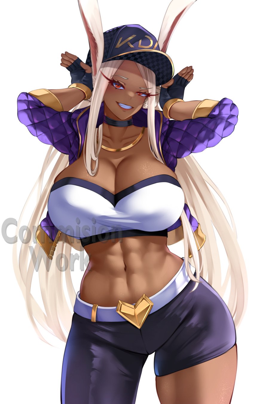 1girls 2023 2d 2d_(artwork) :d abs big_breasts big_thighs breasts brown_skin bunny_ears bunny_girl busty cleavage clothed clothing dark-skinned_female dark_skin eyebrows eyelashes female female_focus female_only fingerless_gloves gloves gold_(metal) gold_jewelry hat hi_res highres hips hourglass_figure k/da_akali_(cosplay) karma3009 large_breasts large_thighs league_of_legends miruko muscular muscular_female my_hero_academia red_eyes rumi_usagiyama skindentation smile smiling smiling_at_viewer solo solo_female solo_focus tanned_skin thick_thighs thigh_grab thighs tomboy toned toned_female toned_stomach voluptuous white_hair wide_hips