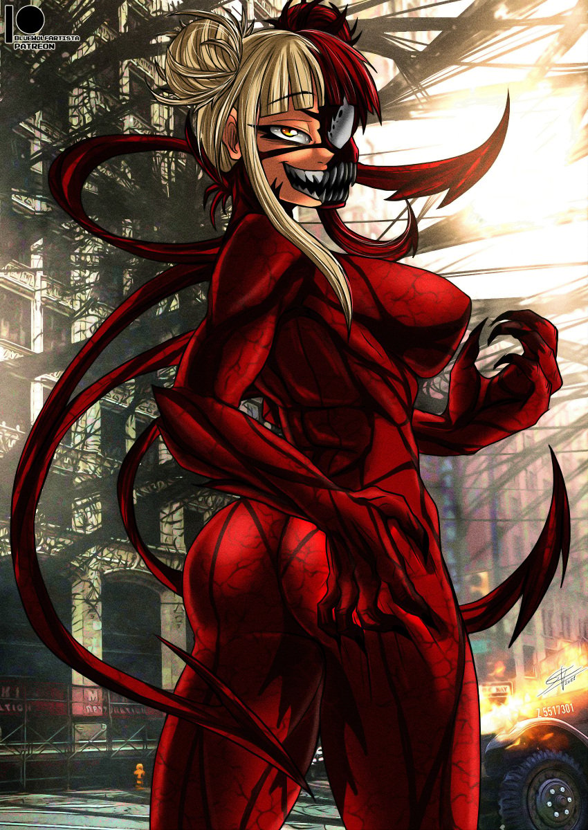 bluewolfartista body_modification brainwashing carnage_(marvel) corruption crossover female himiko_toga large_ass large_breasts lips marvel marvel_comics mid-transformation my_hero_academia personality_change smile spider-man_(series) symbiosis symbiote thick_thighs toned_stomach transformation veiny_breasts wide_hips