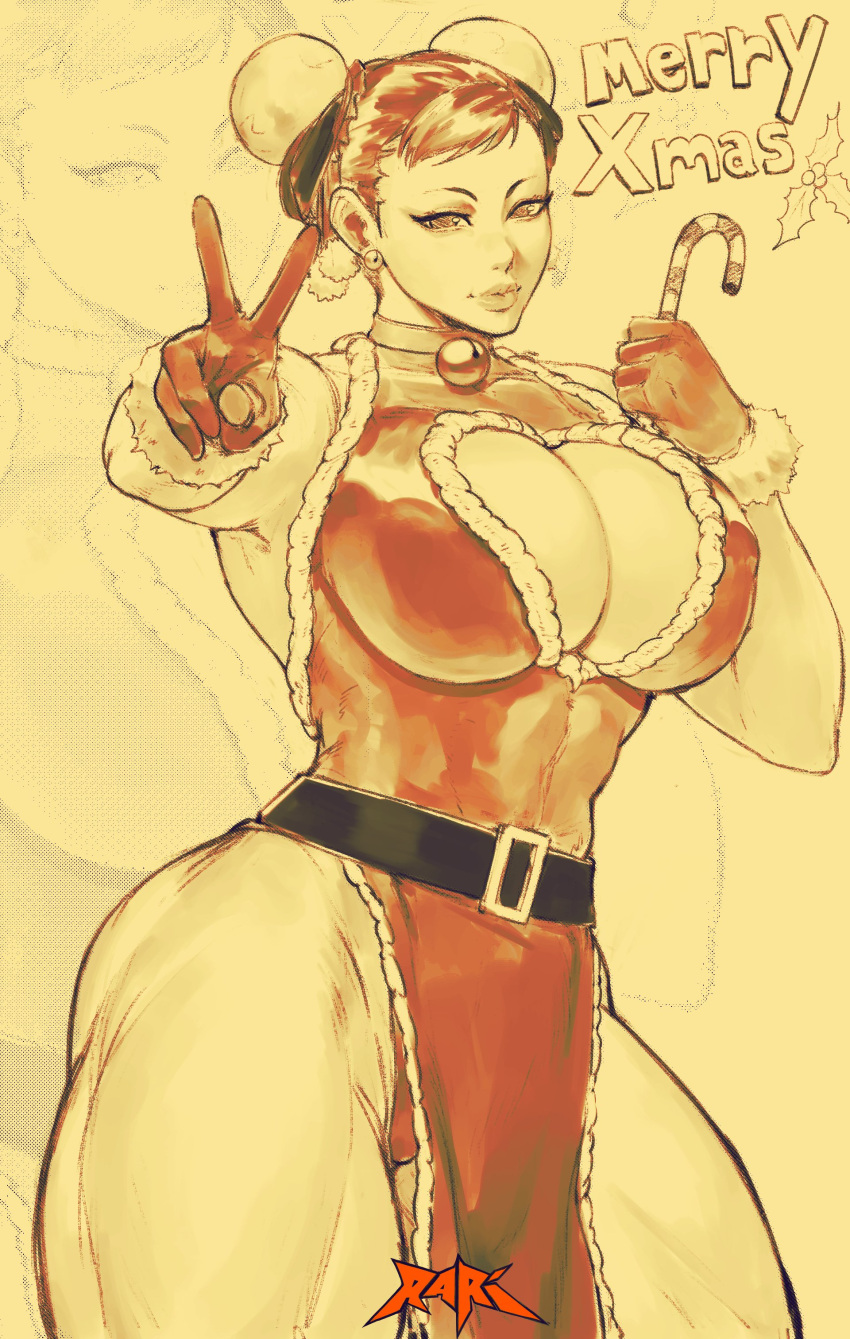 1girls ass big_ass big_breasts boob_window breasts brown_eyes brown_hair capcom christmas christmas_lingerie christmas_outfit chun-li cleavage_cutout female female_only heart hips holidays lipstick looking_at_viewer santa_costume santa_hat smile smiling smiling_at_viewer solo solo_female spunkyramaz street_fighter street_fighter_6 thick_thighs thighs thunder_thighs wide_hips