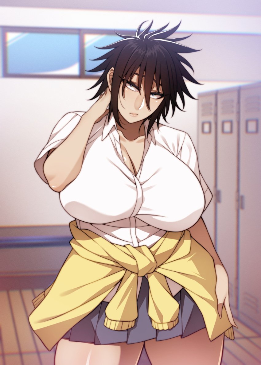 cleavage huge_breasts jimiko korotsuke looking_at_viewer messy_hair original original_character small_pupils solo_female student the_creepy_glasses_girl thick_thighs tomboy