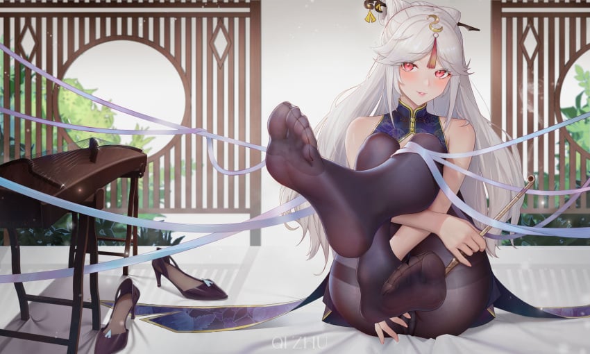 ass blush breasts feet feet_up female foot_fetish genshin_impact hairband high_heels_removed highres hoyoverse legs_up long_hair looking_at_viewer ningguang_(genshin_impact) panties pantyhose pink_eyes presenting_feet qizhu slim_waist soles solo_female toes tongue tongue_out white_hair wide_hips