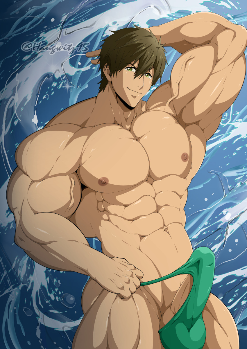 1boy abs absurd_res artist_name biceps big_muscles bodybuilder brown_hair free! haugwitz95 looking_at_viewer makoto_tachibana muscular muscular_arms muscular_legs muscular_male muscular_thighs nipples pecs penis penis_under_clothes posing smile smiling smiling_at_viewer solo solo_focus solo_male speedo tachibana_makoto tagme topless topless_male twitter_username water