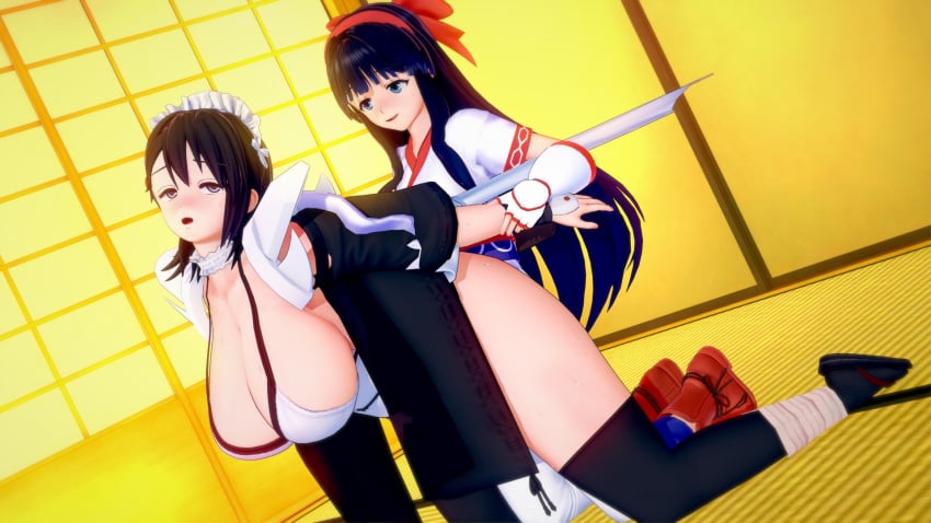 2girls 3d ainu_clothes arm_grab ass big_ass big_breasts black_hair busty cleavage female female_only fingerless_gloves hair_ribbon hi_res implied_futanari implied_sex iroha large_breasts long_hair lying maid medium_breasts multiple_girls nakoruru naughty_face on_stomach samurai_shodown short_hair smile snk yuri