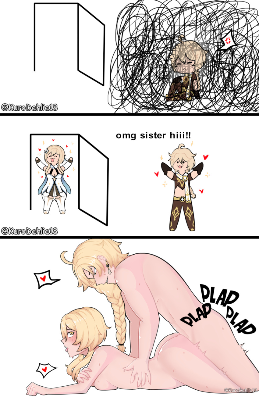 1boy aether_(genshin_impact) ass blonde_hair blood_related braid brother_and_sister chibi comic cute earrings female genshin_impact hair_between_eyes heart heart-shaped_pupils holding hoyoverse incest kurodahlia18 long_hair looking_back looking_down lumine_(genshin_impact) lying medium_breasts mihoyo nude on_floor on_stomach prone_bone short_hair siblings simple_background smile straight sweat talking tongue tongue_out twincest twins uncensored vaginal vaginal_penetration yellow_eyes