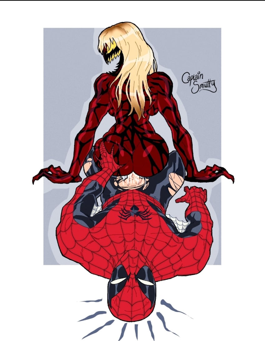 1boy 1boy1girl 1girls ass blonde_female blonde_hair blonde_hair_female butt captainsmutty carnage_(marvel) cum cum_in_pussy cum_inside female femdom gwen_stacy hourglass_figure male male/female marvel marvel_comics peter_parker revealing_clothes ripped_clothing ripped_pants she-carnage simple_background spider-gwen spider-man spider-man_(series) spider_sense straight symbiote