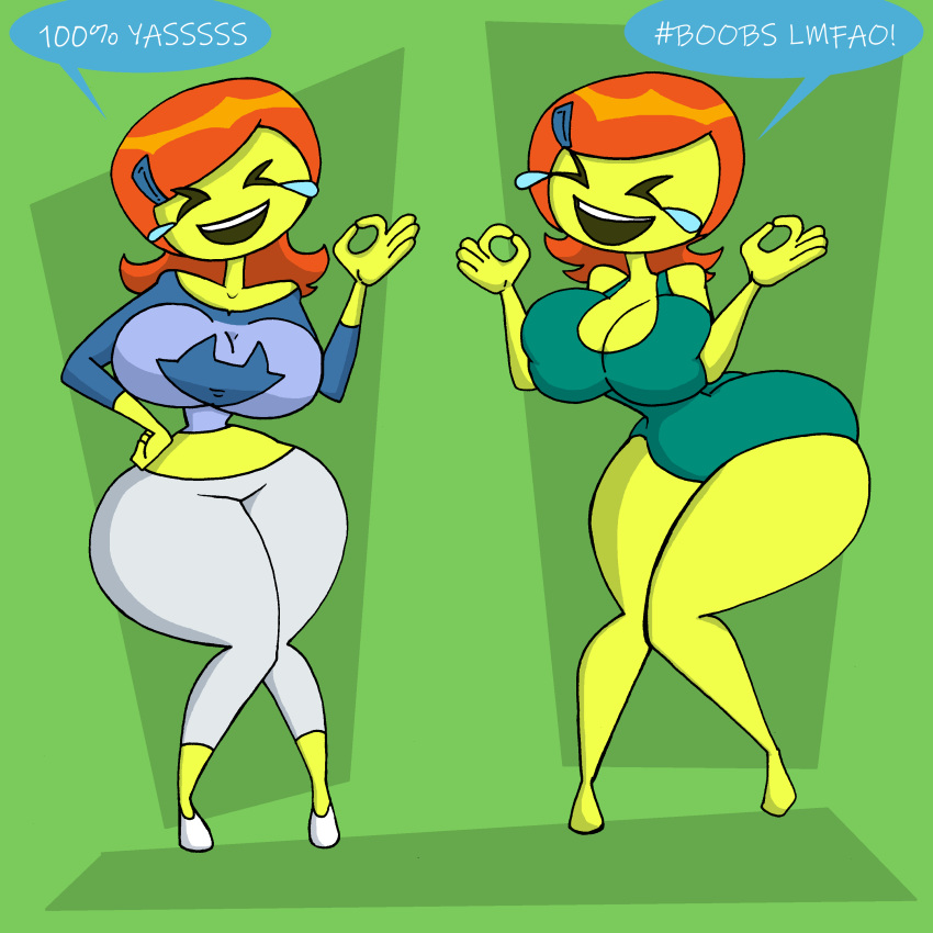 2girls alternate_breast_size ben_10 da-fuze emoji emoji_(race) emojification english_text female female_only gwen_tennyson hourglass_figure huge_ass huge_breasts leotard multiple_girls text thick_thighs transformation wide_hips