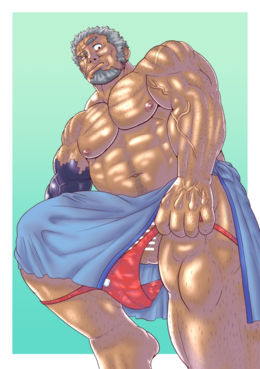 amatsumara_(tokyo_afterschool_summoners) balls bara blush censored_penis facial_hair flaccid genta_iwayama grey_hair male male_only musclegut muscles muscular penis raised_eyebrow scar scar_across_eye solo solo_male tokyo_afterschool_summoners undressing