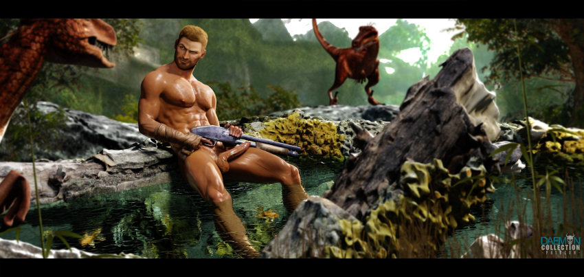 1boy 1human 3d 3d_model abs casual daemoncollection dinosaur eidos exposed_torso fight_boner firearm first_porn_of_character footwear gun handwear human larson light-skinned_male light_skin male male_focus male_only male_pov muscle muscular muscular_male naked naked_male nude nude_male outdoor_nudity outdoors outside pale_skin pecs shotgun smirking tomb_raider weapon