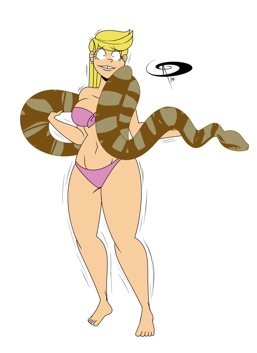 1girls aged_up anaconda barefoot belly bikini blonde_hair breasts cosmic_(coloring) feet female female_only frostbiteboi holding_snake human legs lola_loud midriff motion_lines navel nervous older pink_bikini reptile shaking snake straight_hair the_loud_house thick thick_thighs thighs wide_hips