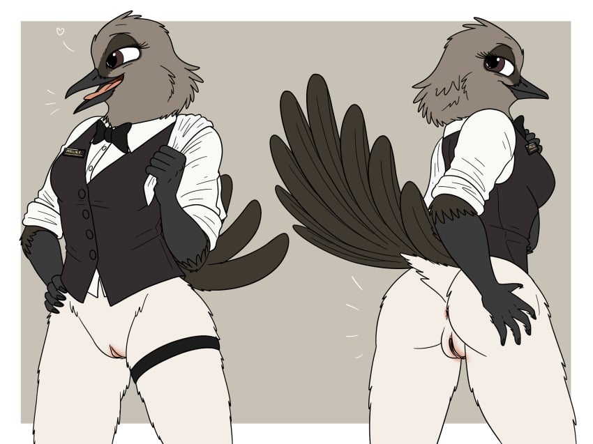 anthro anus ass avian bird black_tie_(suit) blush body_blush bottomless bow_tie casual_exposure clothed clothing dress_shirt female fish_birb genitals hi_res leg_strap looking_back millie_(fish_birb) oscine passerine presenting presenting_hindquarters pussy pussy_blush raised_tail rolled_up_sleeves shirt solo starling_(bird) suit tail topwear towel vest waiter waiter_suit