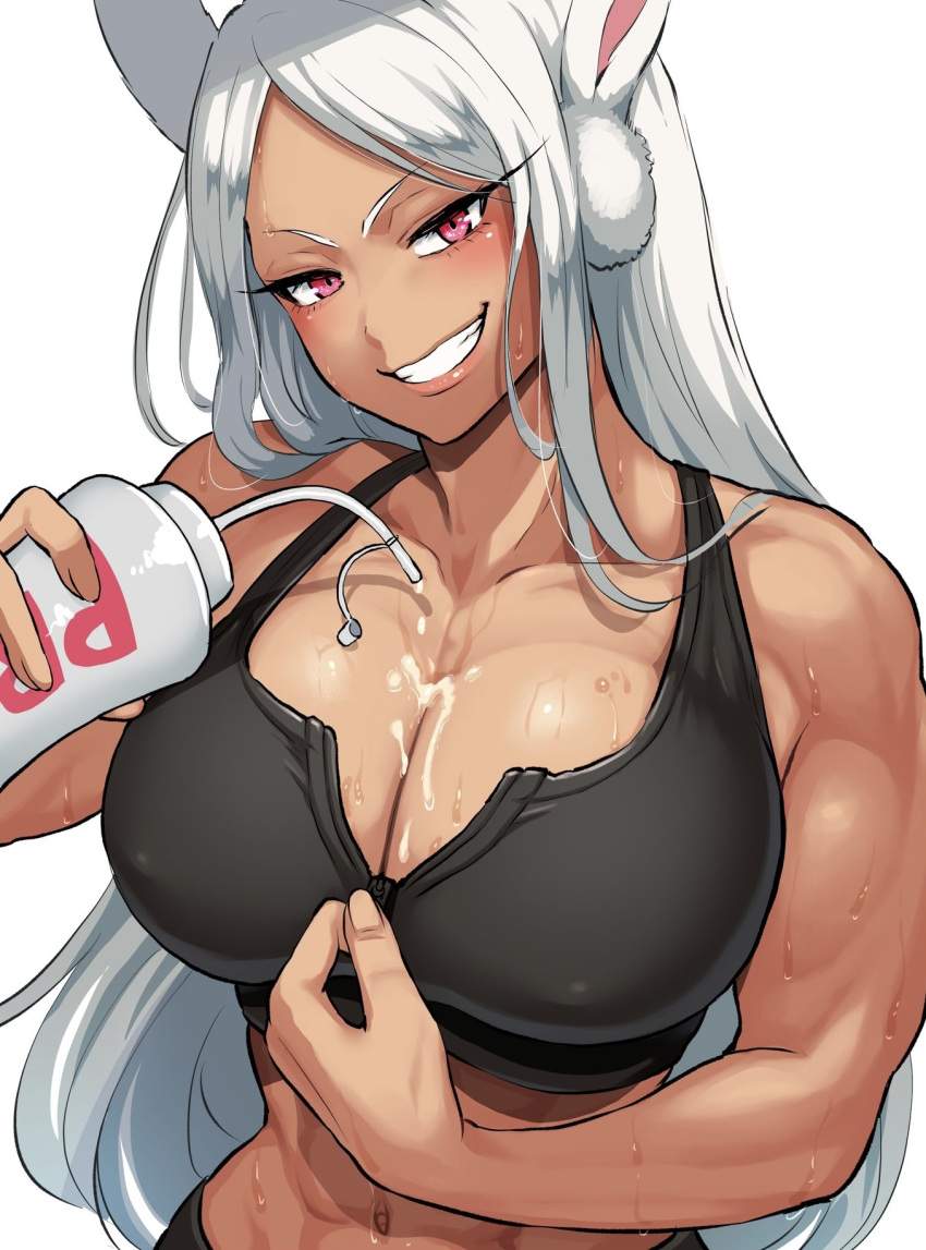 abs animal_ears athletic_female bare_arms bare_shoulders black_sports_bra boku_no_hero_academia bottle breasts breasts_day cleavage collarbone covered_nipples dark-skinned_female dark_skin female good_breasts_day grin harurukan highres holding holding_bottle kemonomimi large_breasts long_eyelashes long_hair looking_at_viewer mature_female mirko miruko muscular muscular_female my_hero_academia naughty_face navel parted_bangs partially_unzipped pouring pouring_onto_self rabbit_ears rabbit_girl red_eyes rumi_usagiyama smile solo sports_bra suggestive_fluid sweat sweaty sweaty_body teasing teeth undressing unzipped unzipping upper_body very_long_hair water_bottle white_background white_hair