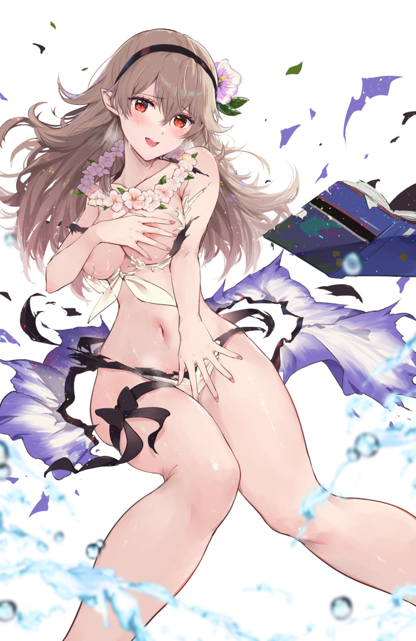 1girls alternate_costume areolae bare_arms bare_legs bare_midriff bare_shoulders bikini bikini_skirt blush book breasts breasts_out brown_hair bubble collarbone corrin_(female)_(fire_emblem) corrin_(female)_(summer)_(fire_emblem) corrin_(fire_emblem) corrin_(fire_emblem)_(female) covering covering_breasts covering_crotch covering_privates exposed_breasts female female_only fire_emblem fire_emblem_fates fire_emblem_heroes flower flower_necklace grey_hair hair_flower hair_ornament hairband heavy_breathing highres legs long_hair looking_at_viewer medium_breasts midriff nail_polish navel nintendo nipples official_alternate_costume open_mouth pink_nails pointy_ears red_eyes shoulders shy shy_smile simple_background smile solo splash sweat swimsuit torn_bikini torn_clothes wardrobe_malfunction water wet white_background white_bikini white_swimsuit yuuri_(orz_commushows)