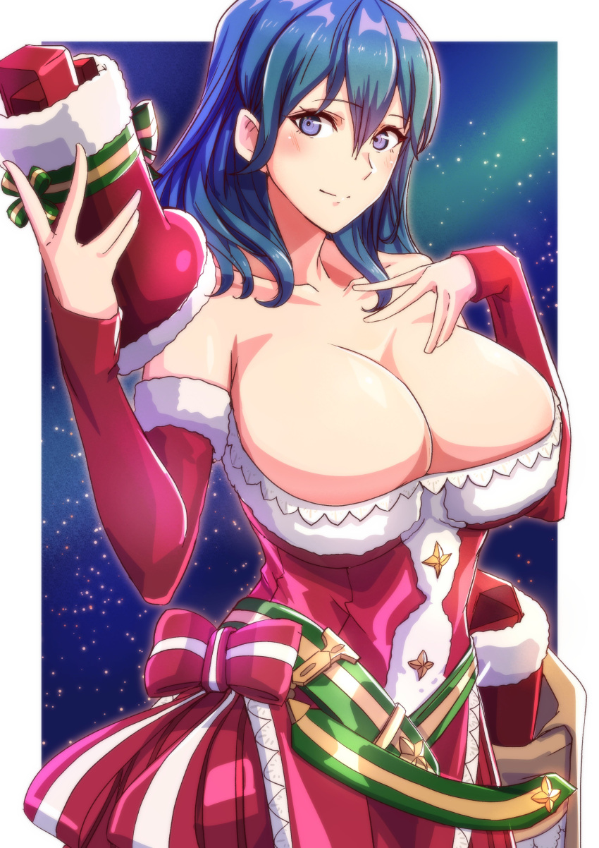 1girls absurdres alternate_costume bare_shoulders blue_eyes blue_hair breasts bursting_breasts byleth_(female)_(fire_emblem) byleth_(fire_emblem) byleth_(fire_emblem)_(female) cecilia_(fire_emblem) cecilia_(fire_emblem)_(cosplay) cecilia_(winter)_(fire_emblem)_(cosplay) christmas christmas_ornaments christmas_outfit christmas_present christmas_star christmas_stocking cleavage closed_mouth cosplay dress elbow_gloves female female_only fire_emblem fire_emblem:_three_houses fire_emblem_heroes fur-trimmed_dress fur_trim gift gloves hair_between_eyes hand_on_own_chest highres holding huge_breasts long_hair looking_at_viewer mature_female medium_hair nintendo red_dress red_gloves santa_dress simple_background sky smile solo star_(sky) starry_sky to_(tototo_tk)