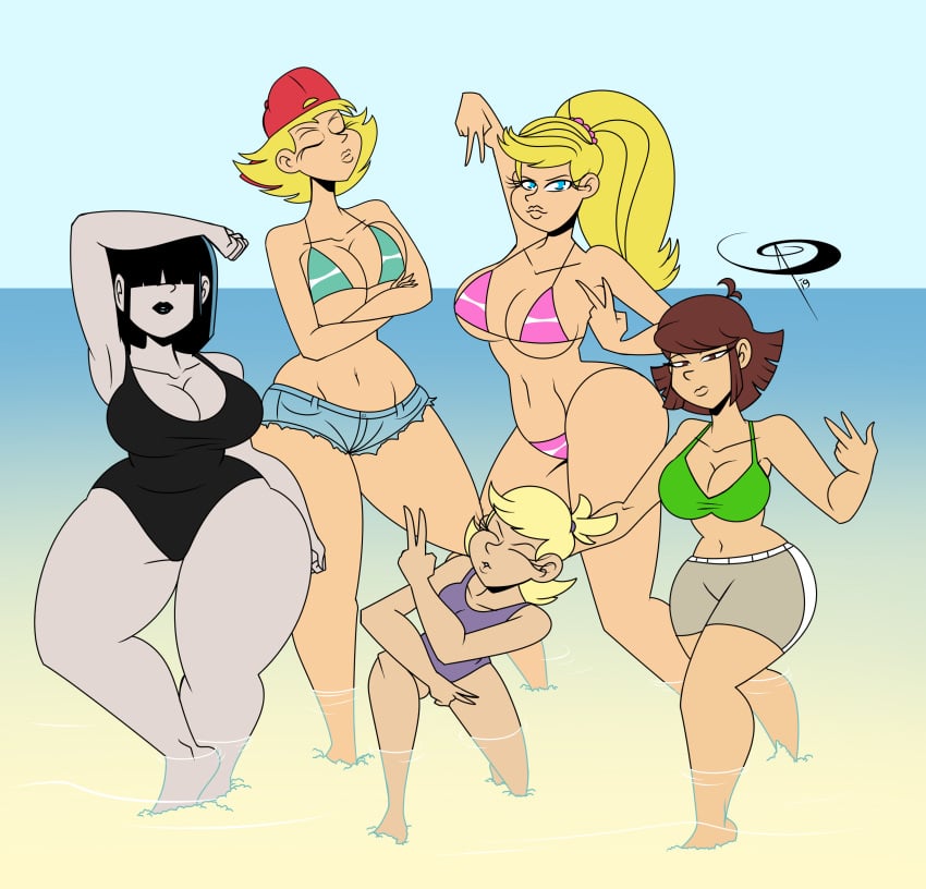 5girls aged_up armpits bangs beach belly big_breasts bikini black_hair black_lipstick blonde_hair blue_eyes bob_cut breasts brown_eyes brown_hair busty closed_eyes collarbone daisy_dukes daisy_dukes_bikinis_on_top denim_shorts duckface frostbiteboi goth goth_girl hair_over_eyes huge_breasts jean_shorts lana_loud large_breasts lily_loud lips lipstick lisa_loud lola_loud lucy_loud midriff multiple_females multiple_girls navel older one-piece_swimsuit peace_sign ponytail posing sand short_hair short_shorts shorts siblings sisters straight_hair swimsuit swimwear take_your_pick the_loud_house thicc-verse thick thick_thighs thighs twin_sisters twins water wide_hips