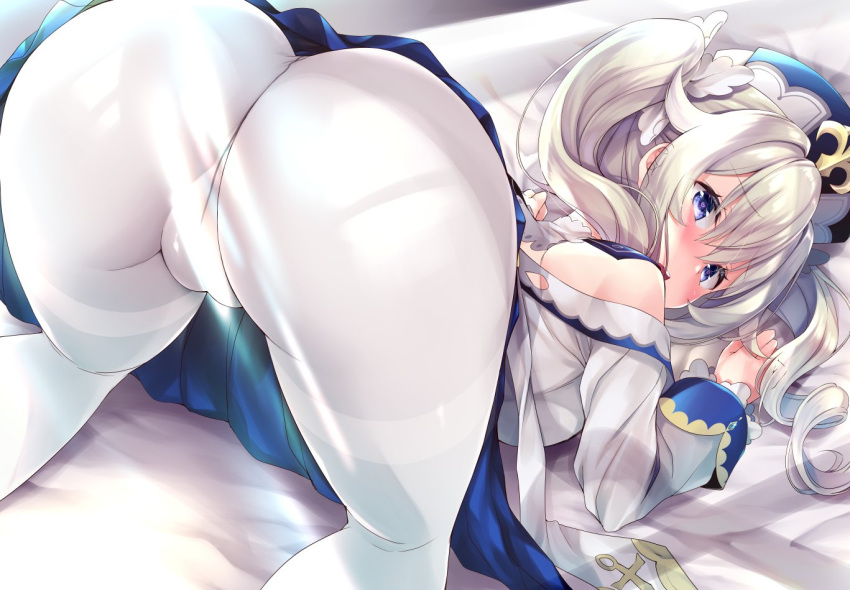 1girls ass_focus barbara_(genshin_impact) bed blonde_hair blue_eyes female female_only genshin_impact hair_between_eyes hat looking_back nun pantyhose sasorigatame silver_hair solo top-down_bottom-up twintails white_legwear