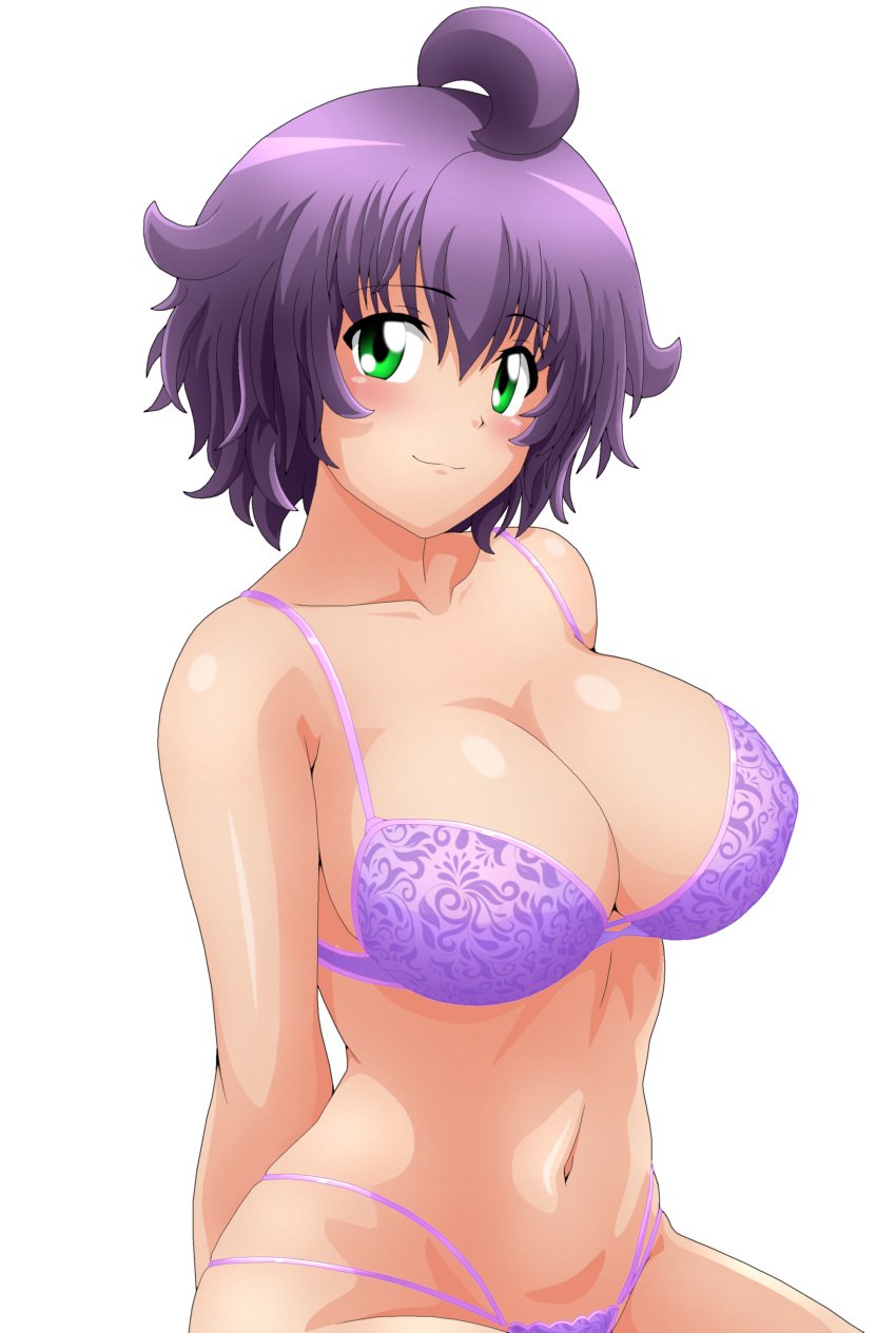 1girls areola_slip arms_behind_back big_breasts bra busty cleavage female female_only green_eyes large_breasts legs looking_at_viewer makeup navel original purple_bra purple_hair sensual short_hair sitting smile thighs thong voluptuous yukino_akaihi yukino_memories zel-sama